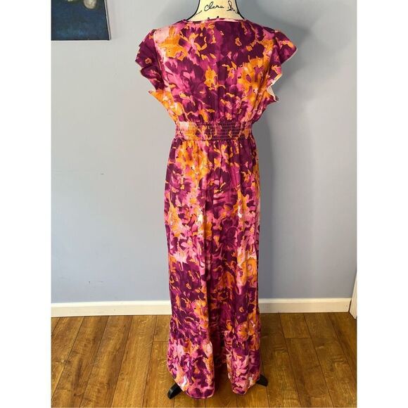 SHEIN Women’s L Classic Surplice V-Neck Maxi Dress in Dopamine Orange/Purple Flo - Picture 8 of 8